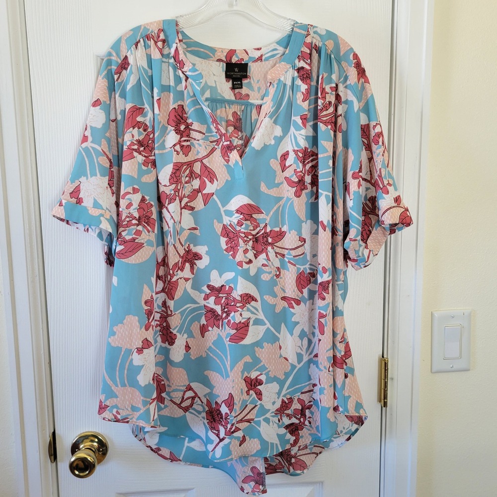 Worthington Petite Blouse‎ PXXL Blue Pink Floral Split V-Neck Short Sleeve Top